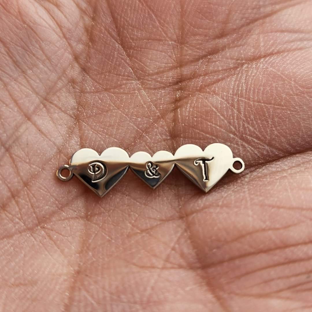 Deep engraved 3 hearts  connector in sterling silver, gold filled or solid gold, custom